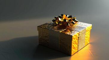ai genererad ett oöppnad gyllene gåva låda är visad på en grå bakgrund foto