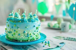 ai genererad blå och grön kaka med kaka dekoration på en tabell foto