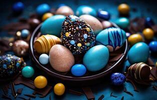 ai genererad påsk ägg på en blå tabell på topp av strössel och choklad foto
