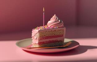ai genererad rosa födelsedag kaka är på en rosa tallrik på en rosa bakgrund foto