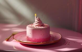 ai genererad rosa födelsedag kaka är på en rosa tallrik på en rosa bakgrund foto