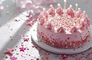 ai genererad rosa födelsedag kaka på vit tabell med vit stjärnor foto