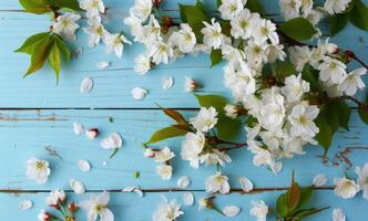 ai genererad vit körsbär blommar och löv på ljus blå trä- bakgrund foto