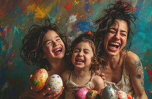 ai genererad en mor skrattar och henne två syskonbarn leende medan hatar påsk ägg foto