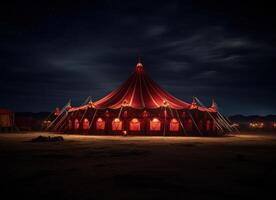 ai genererad en cirkus tält belyst upp på natt, i de öken- foto