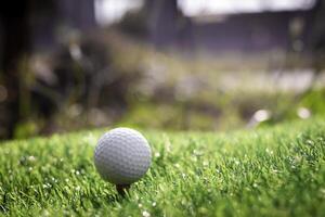 golf boll stänga upp på tee gräs på suddig skön landskap av golf bakgrund. begrepp internationell sport den där bero på precision Kompetens för hälsa avslappning foto