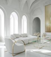 ai genererad en vit levande rum med glas och guld möbel foto