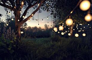 ai genererad fest ljus strängar till använda sig av i din utomhus- belysning foto
