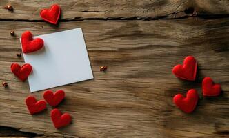 ai genererad valentine hälsning kort med röd hjärtan design och vit tom ark foto