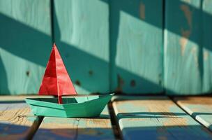 ai genererad en små papper båt med röd segla på trä- däck foto