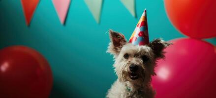 ai genererad ett bild av en hund klädd upp för en födelsedag foto