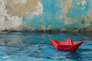ai genererad en små papper båt med röd segla på trä- däck foto