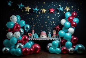 ai genererad födelsedag fest leveranser och dekorationer, ballonger foto