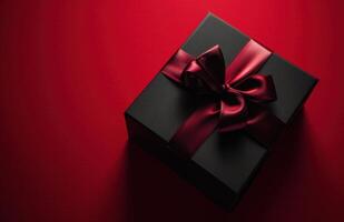 ai genererad svart låda med gåva insvept i röd på en röd bakgrund foto