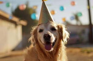 ai genererad en hund i en fest hatt är blåser en vissla foto