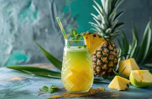 ai genererad en ananas och äpple juice och Övrig tropisk Ingredienser foto