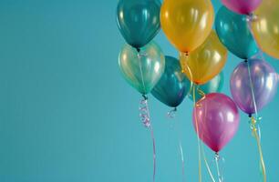 ai genererad en grupp av färgrik ballonger är flygande i de luft i främre foto