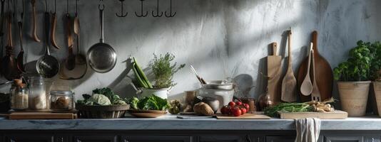 ai genererad en kök med massor av grönsaker och trä- bestick foto