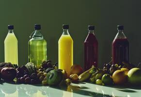 ai genererad en grupp av pressning juice flaskor med flera frukt omgivande dem foto