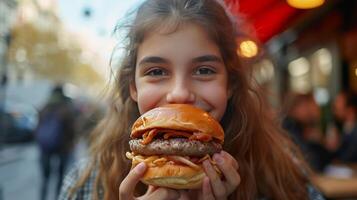 ai genererad flicka 12 år gammal äter en stor burger i en gata Kafé i stad foto