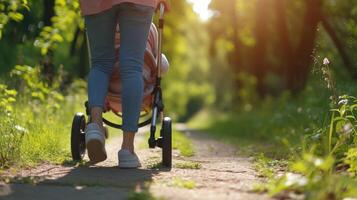 ai genererad stänga upp av en ung kvinna promenader med en levande sittvagn med en nyfödd bebis i en solig sommar parkera foto