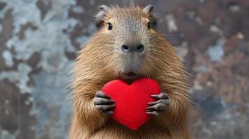 ai genererad capybara innehar en stor röd hjärta i henne tassar på en minimalistisk ljus bakgrund foto