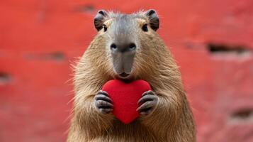 ai genererad capybara innehar en stor röd hjärta i henne tassar på en minimalistisk ljus bakgrund foto