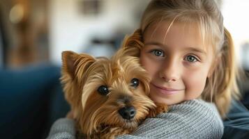 ai genererad en 12-åring flicka innehar en fluffig yorkshire terrier hund i henne vapen. foto