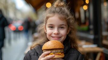 ai genererad flicka 12 år gammal äter en stor burger i en gata Kafé i stad foto