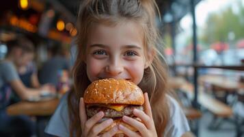 ai genererad flicka 12 år gammal äter en stor burger i en gata Kafé i stad foto