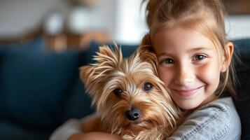 ai genererad en 12-åring flicka innehar en fluffig yorkshire terrier hund i henne vapen. foto