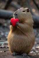 ai genererad capybara innehar en stor röd hjärta i henne tassar på en minimalistisk ljus bakgrund foto