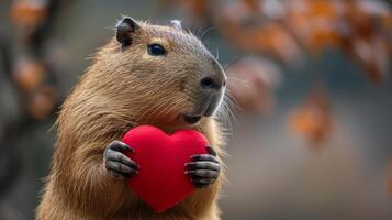 ai genererad capybara innehar en stor röd hjärta i henne tassar på en minimalistisk ljus bakgrund foto