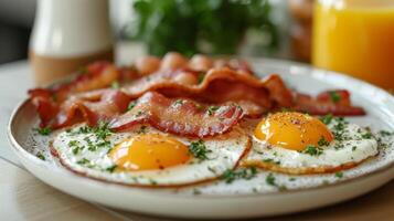 ai genererad friterad ägg och bacon på en skön vit tallrik foto