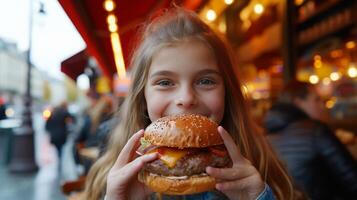 ai genererad flicka 12 år gammal äter en stor burger i en gata Kafé i stad foto