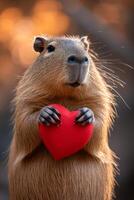ai genererad capybara innehar en stor röd hjärta i henne tassar på en minimalistisk ljus bakgrund foto