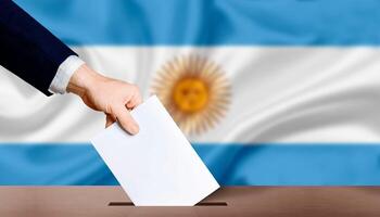 hand innehav valsedel i röstning valsedel låda med argentina flagga i bakgrund. hand man sätter valsedel papper i röstning låda på argentina flagga bakgrund. argentina val- val, begrepp foto