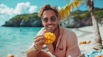 ai genererad ung stilig man äter skivad mango medan Sammanträde på de strand foto