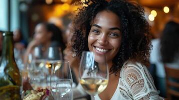 ai genererad ung svart kvinna dricka vin i en restaurang med henne vänner foto