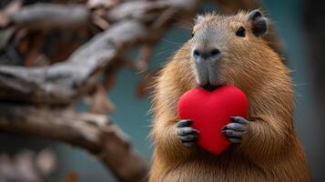 ai genererad capybara innehar en stor röd hjärta i henne tassar på en minimalistisk ljus bakgrund foto