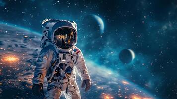ai genererad de astronaut är fotograferad med de mjölkig sätt i de bakgrund foto