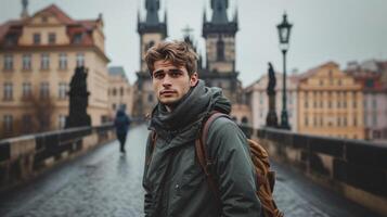 ai genererad ung man ser på de kamera medan stående på en bro i ett gammal europeisk stad foto