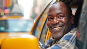 ai genererad taxi förare leende och ser på de kamera från de fönster av hans bil foto