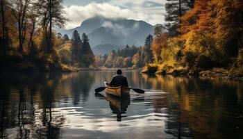 ai genererad en man i en båt paddling på en sjö under höst, foto