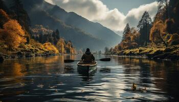 ai genererad en man i en båt paddling på en sjö under höst, foto