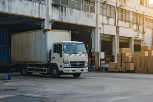 ai genererad logistik och transport. vit lastbil i de lager med lådor. för reklam foto