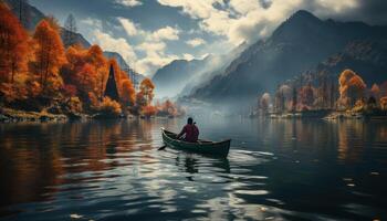 ai genererad en man i en båt paddling på en sjö under höst, foto