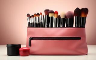 ai genererad kosmetisk smink väska med Tillbehör, kosmetika på en rosa bakgrund, foto