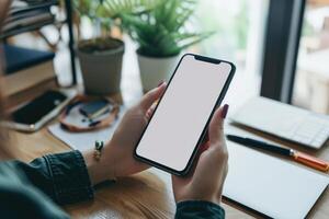 ai genererad mockup, kvinnas hand innehav använder sig av mobil, mobil app design och reklam, vit skärm attrapp foto