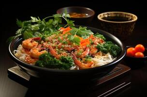 ai genererad asiatisk spaghetti i en skål med ätpinnar och räka på en mörk yta, foto